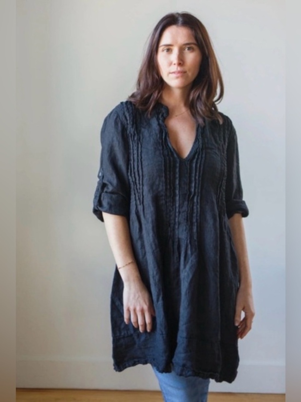 CP SHADES Black 100% Linen Pintucked Sheer Dress Swim Coverup GUC M #2675